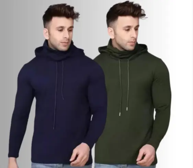 Men's Combo Cotton Blend Hooded Neck Full Sleeves Inbuilt Mask Casual T-Shirts