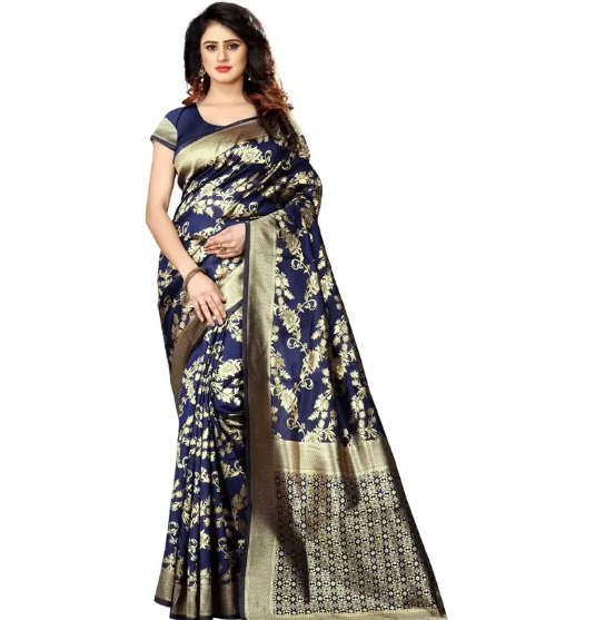 Women’s Soft Banarasi Silk Saree New Collection Sarees With Blouse Piece Navy Blue