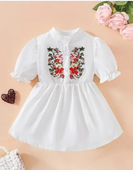 SK Dresses Kid's Embroidered Round Neck White Frocks & Dresses