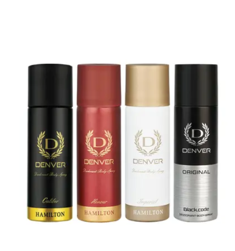 DENVER Black Code,Caliber,Honour & Imperial Nano Travel Size Pack Deo Perfume Body Spray - For Men (50ml X 4 )